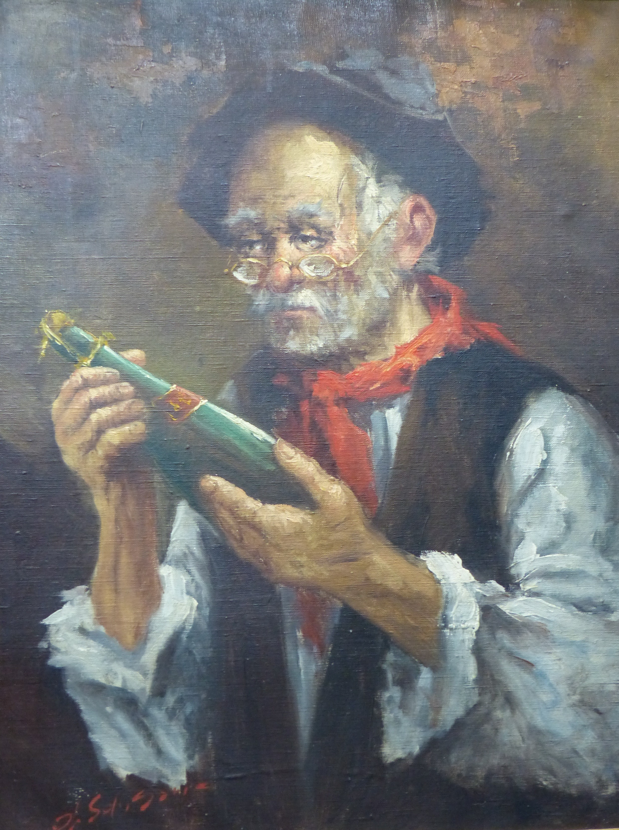 Austrian School, oil on canvas, Peasant holding a bottle of wine, indistinctly signed, 74 x 57cm